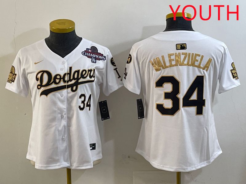 Youth Los Angeles Dodgers 34 Valenzuela White Gold Game 2025 Nike MLB Jersey style 3